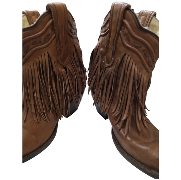 CORRAL Cowgirl Fringe Whip Stitch Short Boot Snip Toe Cognac Leather Women 6.5 - Picture 4 of 12